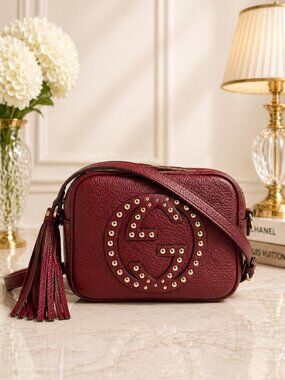 Authentic Gucci Soho Disco Studded Crossbody Bag Red Leather Small Camera Bag